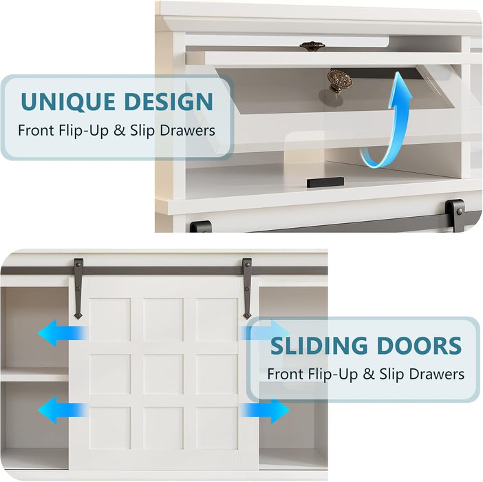 TV Stand for 80 Inch Tvs, LED Entertainment Center with Power Outlet, Farmhouse TV Stand W/Drawers & Sliding Barn Door, Media Console with Storage Cabinets for Living Room, White&Brown