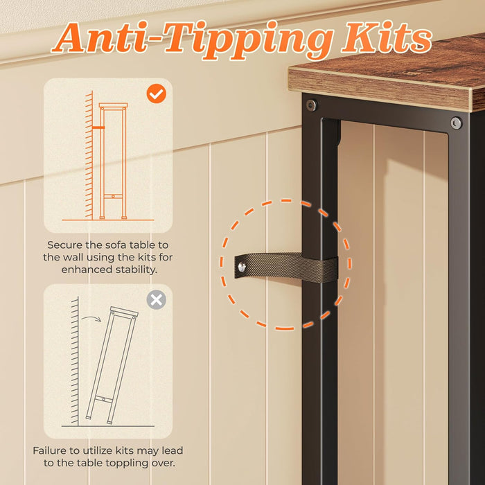 102.4 Inch Sofa Table with Power Outlets and USB-C Port, 5.9 Inch Narrow Console Tables, Entryway Hallway Couch Tables with Storage, behind Sofa, Small Spaces, Living Room, Rusitc Brown