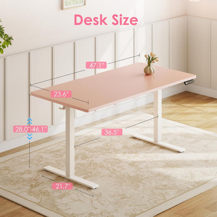 Electric Height Adjustable Standing Desk, 48 Inch Pink Computer Desk for Women Girls, Sit Stand Table for Home, Office, Bedroom