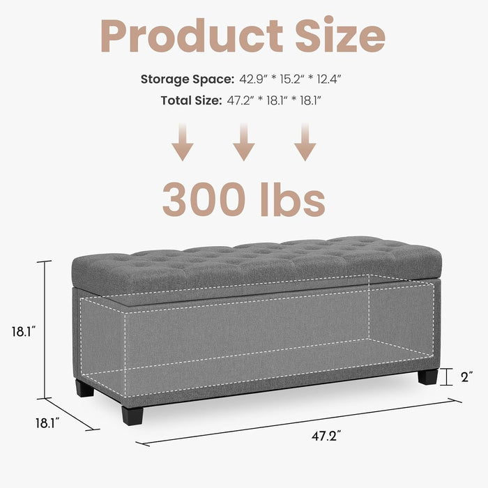 47.2" Ottoman with Storage, Storage Ottoman Bench with Safety Hinge,Tufted End of Bed Bench, Upholstered Entryway Bench for Bedroom, Living Room & Window (Lightgrey-Upgraded Version)