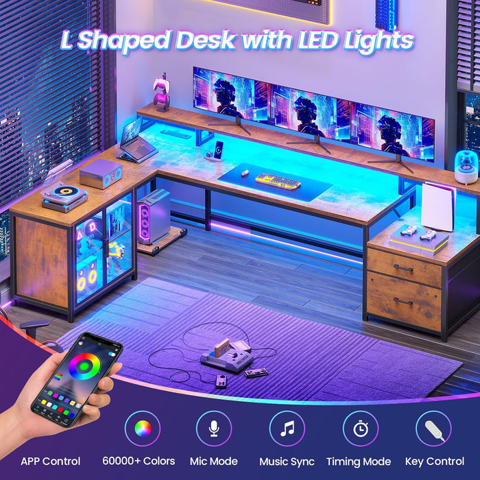 78.7” Large L Shaped Desk with Storage Drawers, Office Desk with File Drawer and Display Cabinet, L Shaped Gaming Desk with Storage, Power Outlet and LED Lights for Home Office, Rustic Brown
