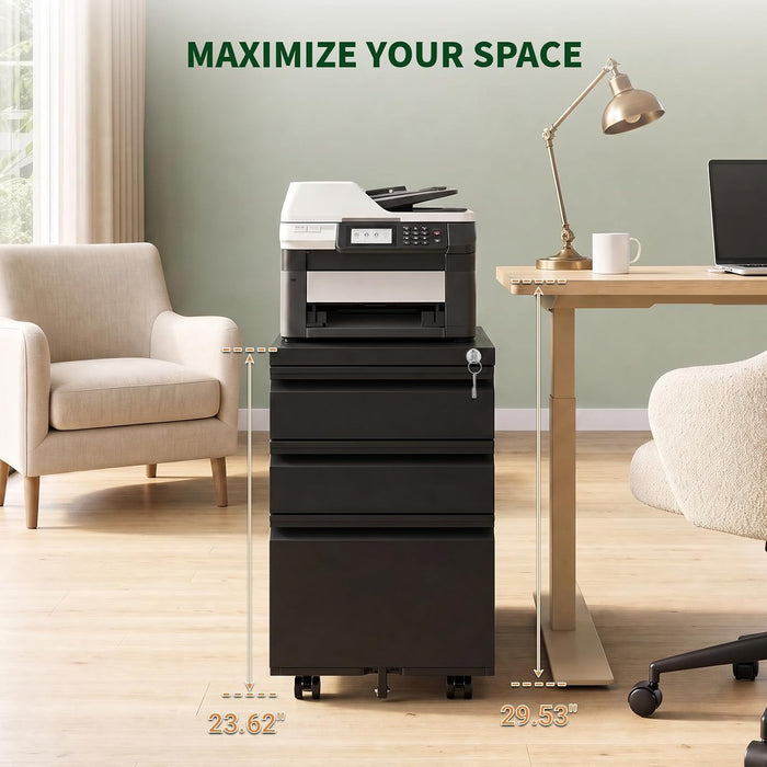 3 Drawer Metal File Cabinet with Lock & Rolling Casters