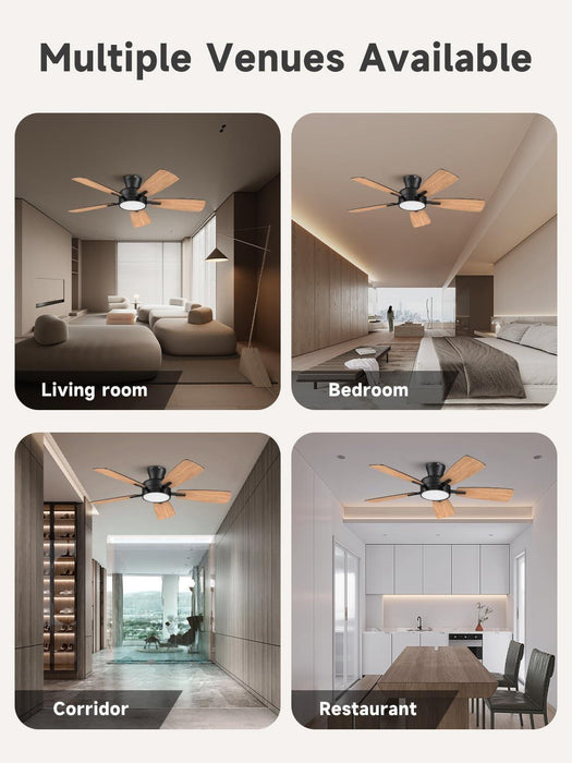 Ceiling Fans with Lights and Remote, 46 Inch Low Profile Ceiling Fan with Light, Flush Mount, Reversible, 3CCT, Dimmable Black Modern Ceiling Fan for Bedroom, Living Room, Outdoor Patio