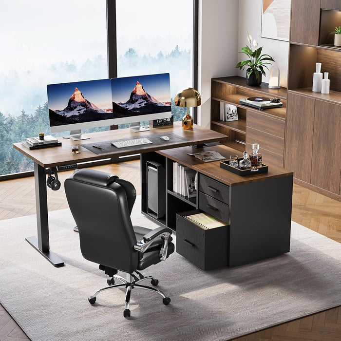 L Shaped Standing Desk, Electric Executive Desk with Drawers, Adjustable Height Stand up Desk, 55″ X 23.6″ One-Whole Piece Desktop, Home Office Computer Desk with 4 Memory Presets, Walnut