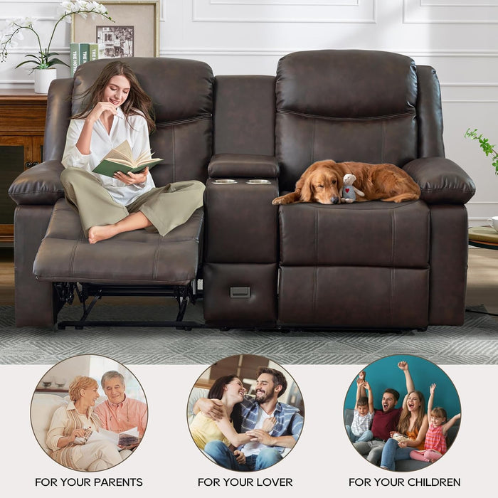 Loveseat Recliner, Reclining Loveseat with Console, Double Reclining Loveseat, 2 Seater Manual Reclining Couch for Living Room, Office, Home Theater(Pu-Brown)