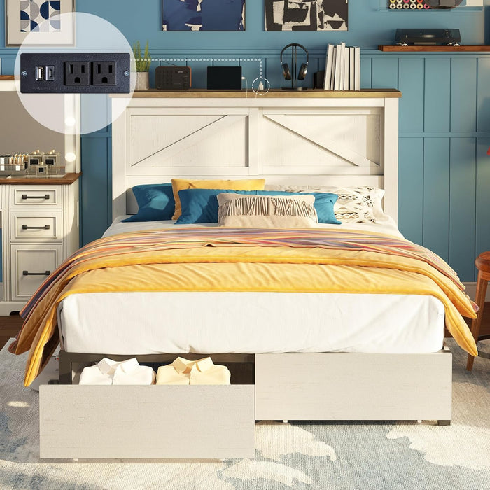 Queen Bed Frame with Hidden Sliding Bookcase Headboard, Charging Station, 2 Large Storage Drawers, Metal & Wood Platform, Farmhouse, No Box Spring Needed, White & Barnwood
