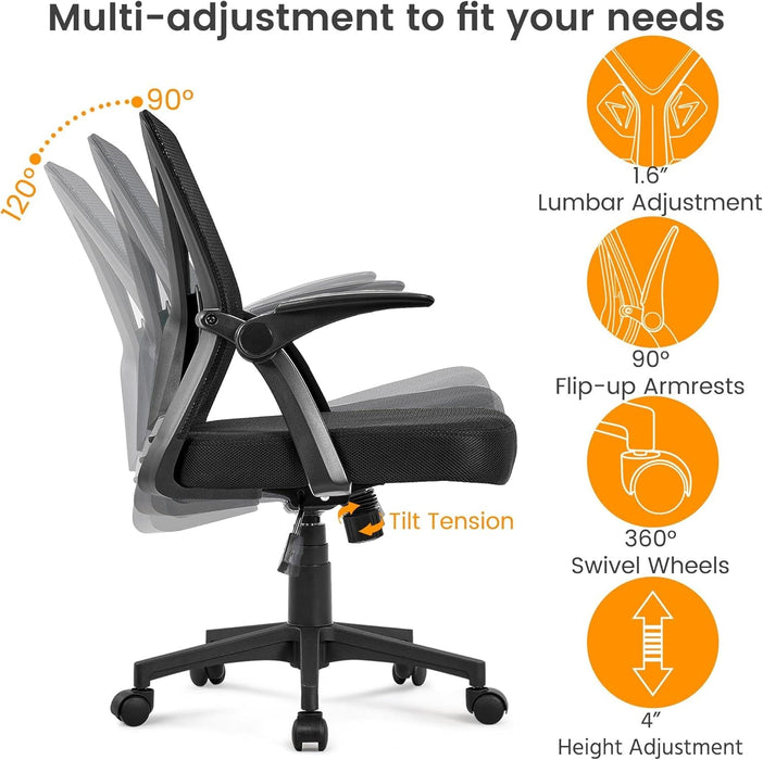 Home Office Chair Work Desk Chair Swivel Computer Mesh Chair with Flip-Up Arms Adjustable Height Lumbar Support Executive Office Task Chair for Home Office Students Study, Black