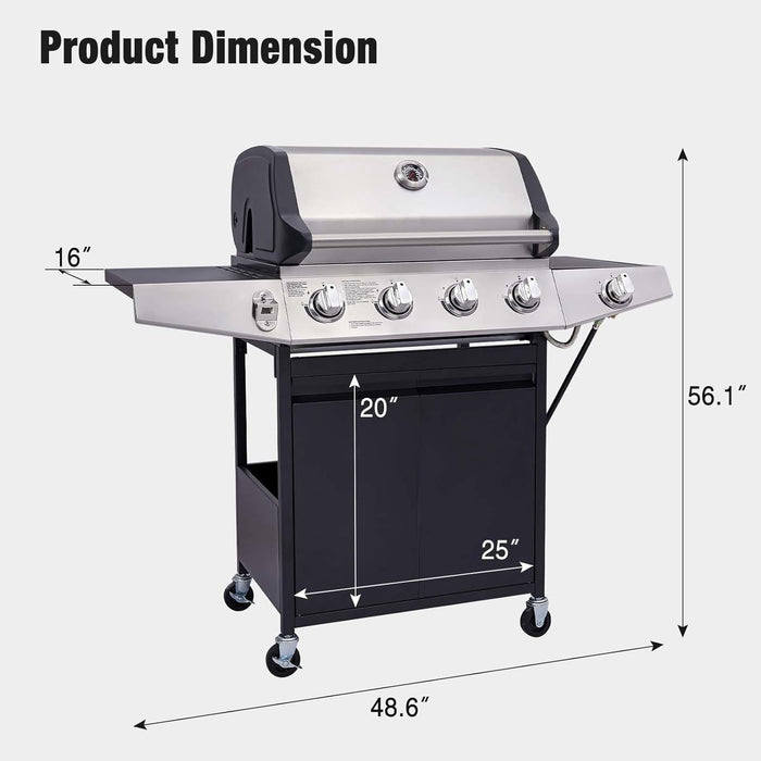 4-Burner Propane Gas Grill with Side Burner, Portable BBQ Grills with Oil Tray and Built-In Thermometer for Outdoor Barbecue, Camping, Patio, Backyard, 49,000 BTU