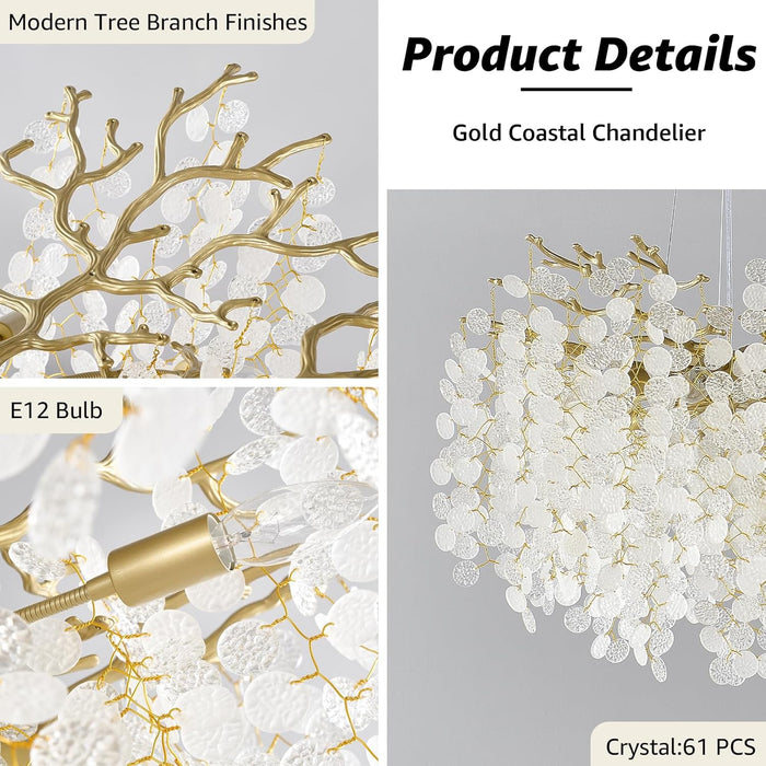 24-Inch Capiz Shell Chandelier, 8-Light Gold Coastal Chandelier, Modern Crystal Tree Branch Chandeliers, Boho Light Fixture for Bedroom, Living Room, Foyer, Entryway, Stairwell