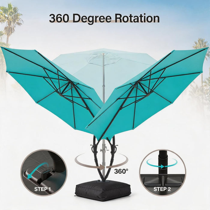 Outdoor Patio Umbrella with Base, 11 FT Deluxe Curvy Cantilever Umbrella Heavy Duty Offset Hanging Umbrella with 360° Rotation for Market, Pool, Garden, Backyard, Deck (Turquoise Blue)