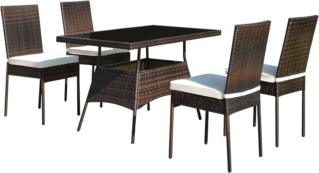 5 Piece Patio Wicker Dining Set, Outdoor Rattan Table and Chairs with W/Tempered Glass Table Top & Padded Cushions, Wicker Patio Conversation Furniture Set for Balcony Patio Garden Poolside