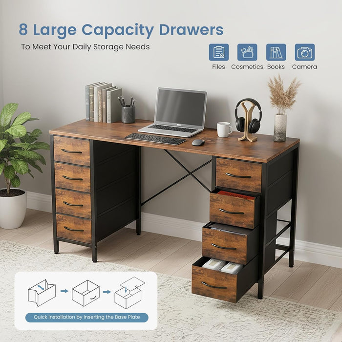 47 Inch Computer Desk with 8 Fabric Drawers, Office Gaming Desk with Storage, Writing Study Table with X-Shaped Reinforced Structure, Dark Brown