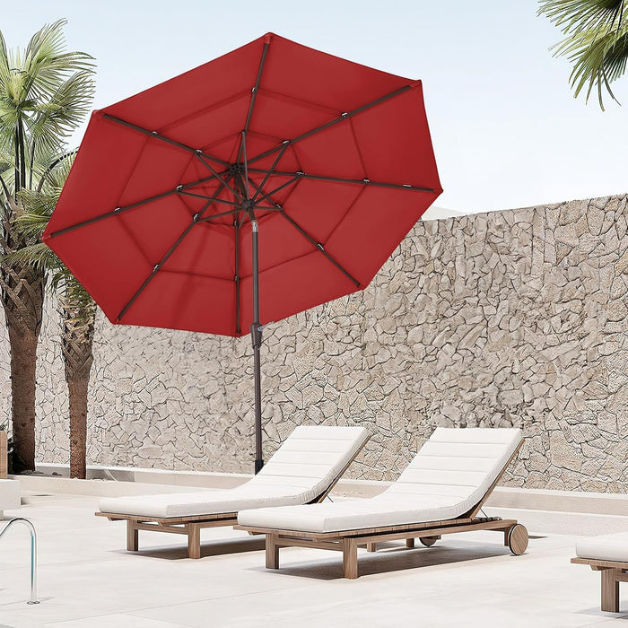 3 Tier 9 Ft Outdoor Patio Umbrella with Tilt and Crank, Red