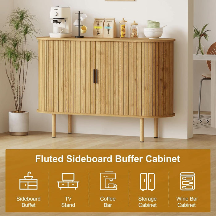 Sideboard Buffet Cabinet with Storage, 47” Mid Century Modern Accent Cabinet, Sliding Door Entryway Small Storage Cabinets for Kitchen, Living Room, Entryway, Oak