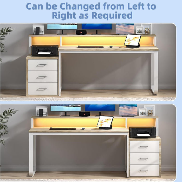 67Inch White Walnut Computer Desk With LEDLighting