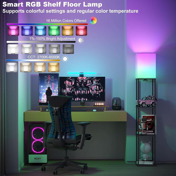 Floor Lamp with Shelves, Smart APP Control Standing Lamps with RGB Bulb, 4-Tier Dimmable Floor Lamps for Living Room, Tall Lamp for Bedroom, Office, Corner Display Bookshelf Lamp