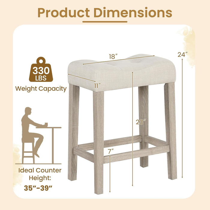 24" Saddle Bar Stools Set of 4, Farmhouse Button Tufted Barstools | Upholstered Counter Height Backless Bar Chairs with Footrest and Wood Legs for Kitchen Island, Dining Room, Cafe