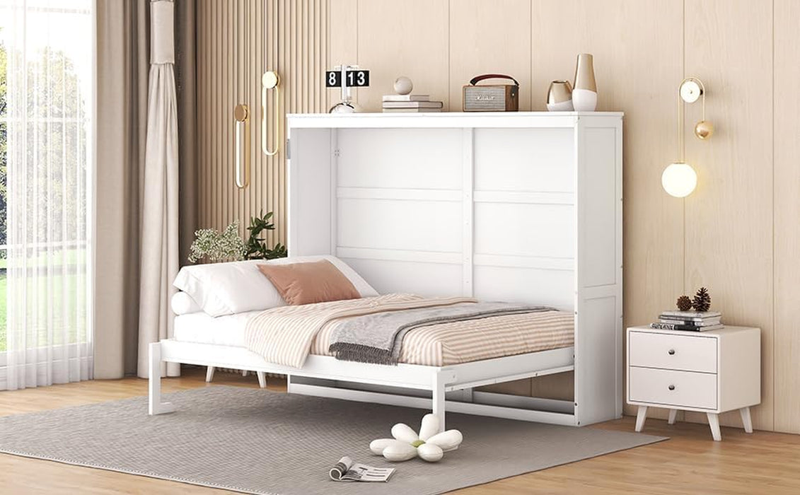 Full Size Murphy Bed, Wood Hidden Foldable Wall Bed Frame W/Gas Struts, Storage Bed Cabinet for Bedroom, Office, Space-Saving, No Box Spring Needed, White
