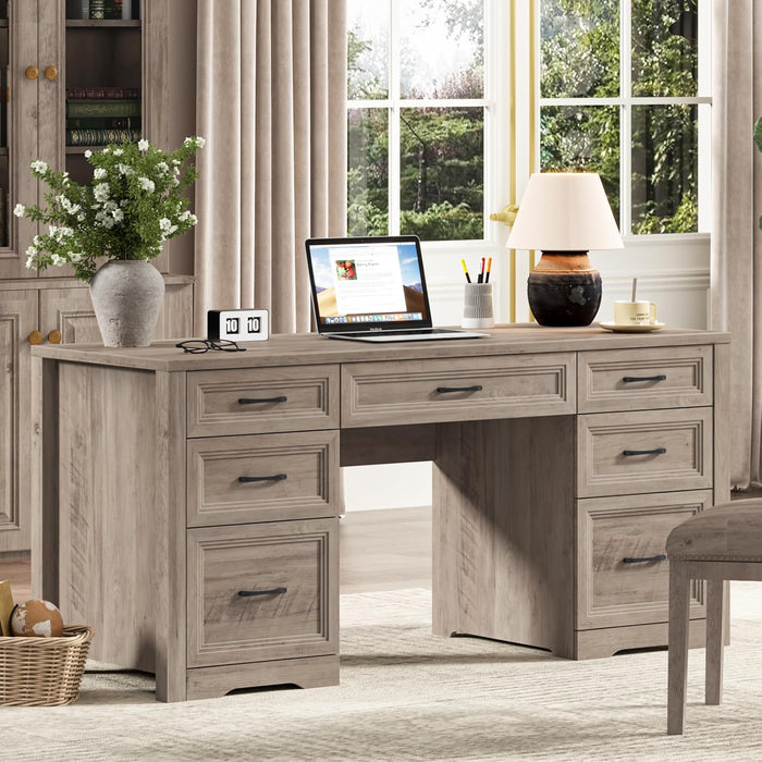 Farmhouse Executive Desk with File Drawer, Home Office Desk with Ample Storage, Rustic Office Desk with Spacious Tabletop for Work, Grey