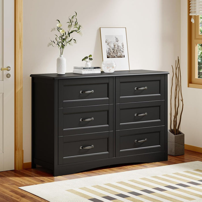 47" 6 Drawer Dresser, Black Wide Chest of Drawers for Bedroom