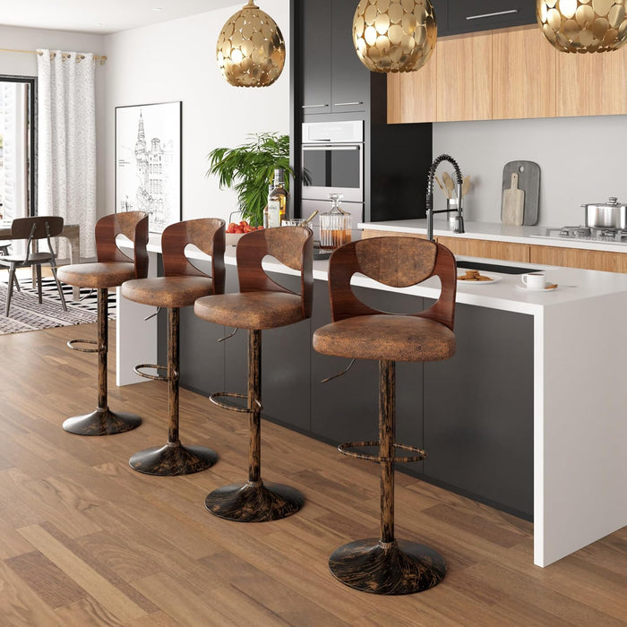 Barstools Set of 4,Kitchen Island Stools with Bentwood Back,Arm&Footrest,Counter Height Bar Chairs PU Leather Cushion Seat Adjustable Height 360°Swivel,Island Chairs for Club Pub,Rustic Brown