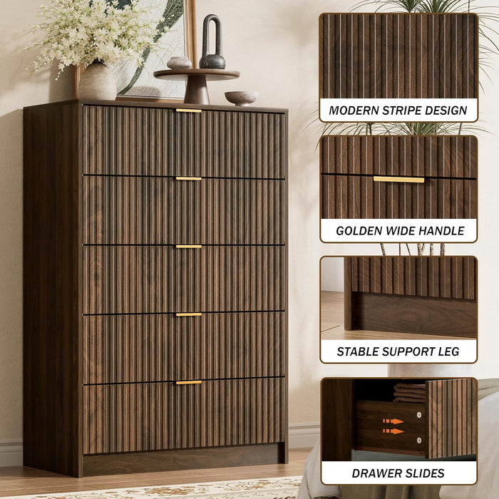 Walnut Dresser for Bedroom, Tall Dresser with 5 Drawers and Smooth Slides, Modern Chest of Drawers with Golden Handles for Bedroom, Living Room, Closet, 15.7" D X 31.5" W X 47.2" H