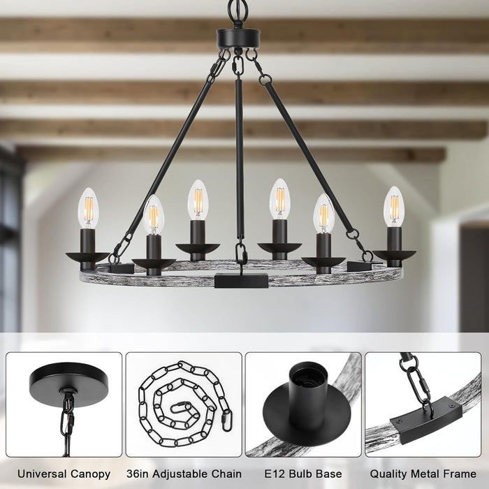 Farmhouse Chandelier, 6-Light Wagon Wheel Chandelier with Adjustable Height, Dining Room Light Fixture, Hanging Lights for Kitchen Island, Living Room, Bedroom, Entryway, E12 Base