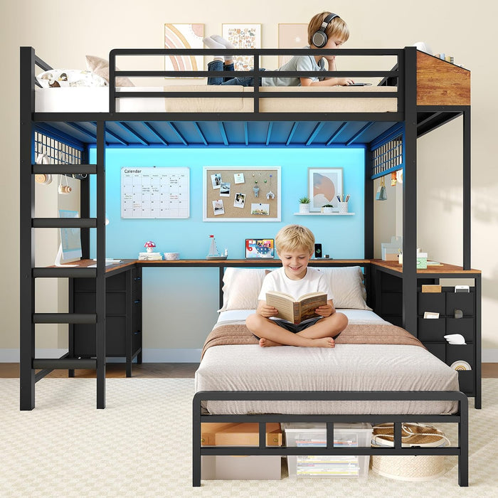 Black Industrial Twin Bunk Bed Desk BuiltInStorageDrawers