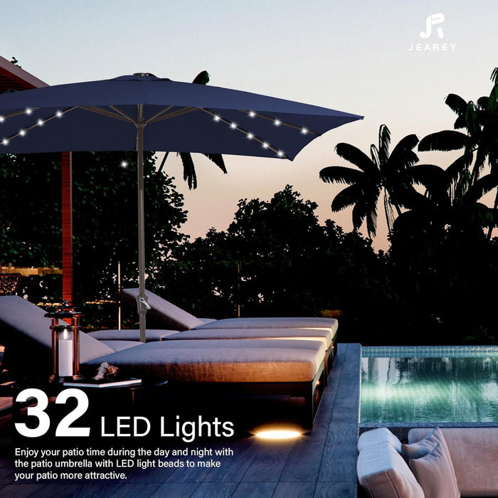8X10 Ft Rectangular LED Lighted Patio Umbrellas Outdoor Solar Table Market Umbrella W/Crank, 8 Sturdy Ribs, UV Protection Waterproof Sunproof(Dark Blue)