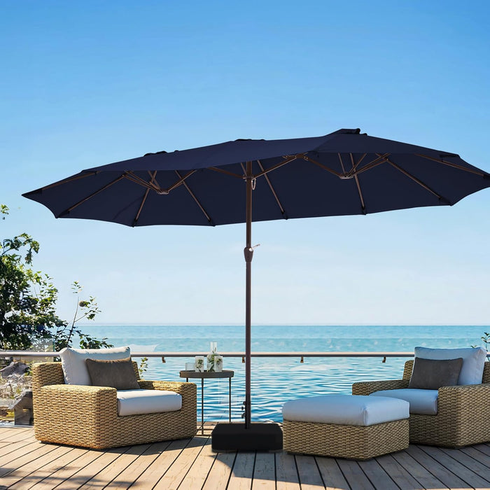Fifteen Foot Large Navy Patio Market Umbrella With Base
