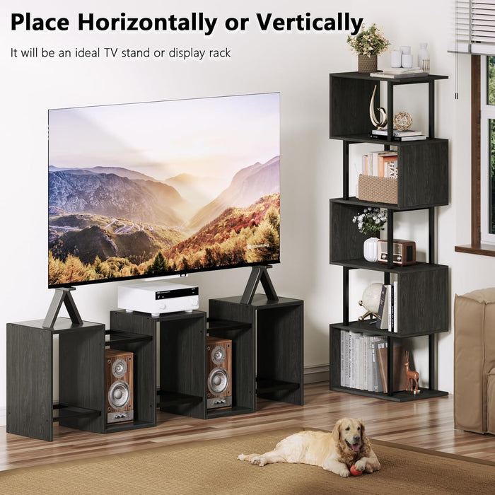 6 Tier Bookshelf Tall Geometric Bookcase, S-Shaped Industrial Display Standing Shelf, Metal and Wood Decorative Storage Room Divider Shelves for Bedroom, Living Room, Office, Light Black Oak