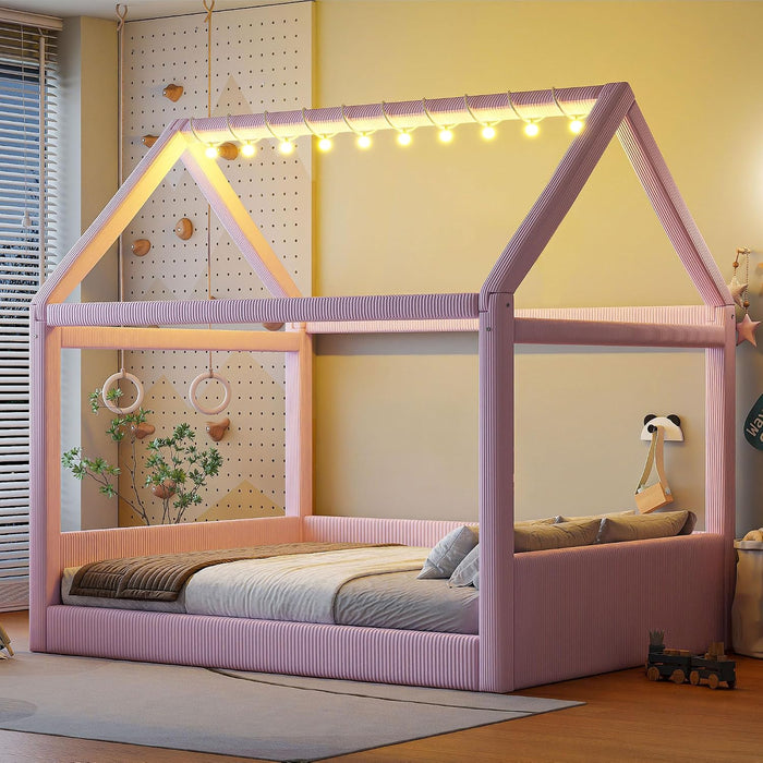 Full Sized House Shaped Corduroy Daybed PowderPink
