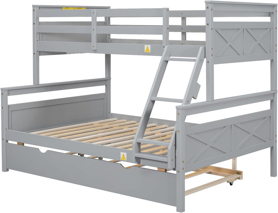 Trundle Bunk Bed, Twin over Full Wood Bunk Bed with Twin Size Trundle, Solid Wood Bunk Bed Frame with Guardrail and Ladder, Grey