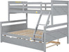 Trundle Bunk Bed, Twin over Full Wood Bunk Bed with Twin Size Trundle, Solid Wood Bunk Bed Frame with Guardrail and Ladder, Grey