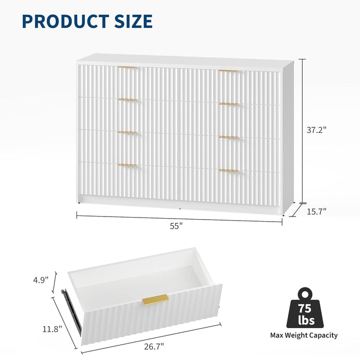Modern Fluted 8-Drawer Dresser, Large Capacity Chest of Drawers, with Metal Handles & Anti-Tip, Wooden Storage Organizer for Bedroom, Living Room, Hallway, White