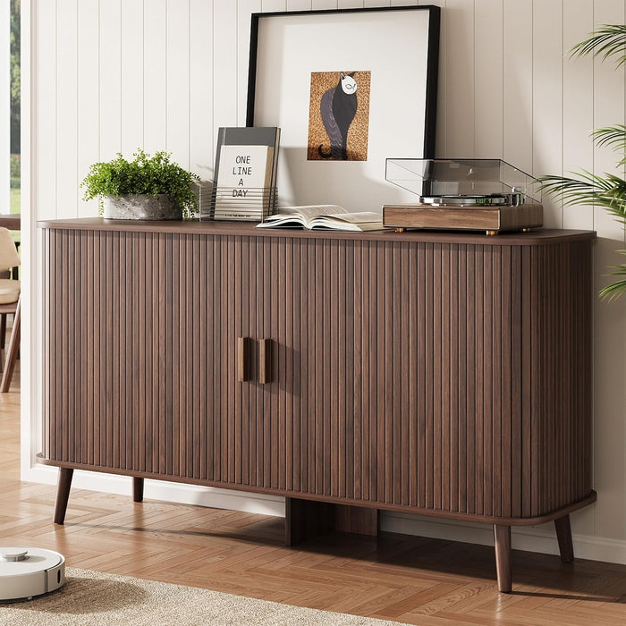 55" Fluted Sideboard Buffet Cabinet with Sliding Door, Mid-Century Modern Wood Sideboard, Adjustable Shelf, Coffee Bar Cabinet with Storage for Kitchen, Walnut