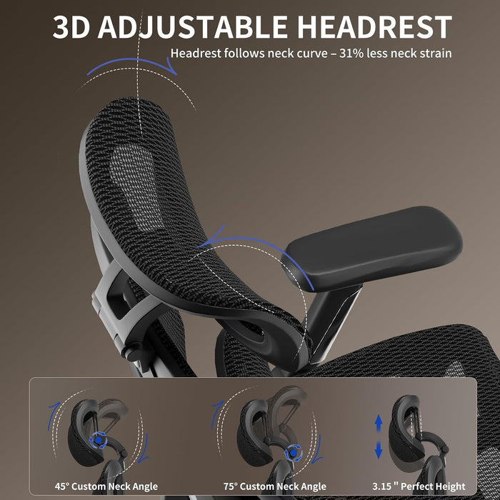 Mesh Office Chair Breathable, Office Chairs, Desk Chair with Adjustable Lumbar Support, Computer Chair, 5D Flip-Up Armrests, 330Lbs Capacity, Tilt Lock, 3D Headrest