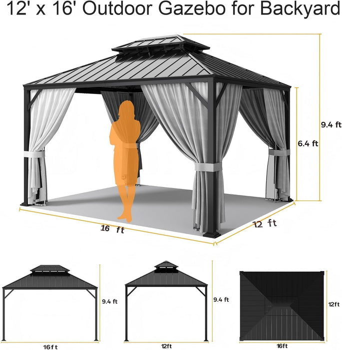 16'X12' Hardtop Gazebo, Update Aluminum Frame Gazebo with Galvanized Steel Double Roof, Outdoor Pergola with Curtain and Net, Backyard Canopy for Garden, Deck, Gray and Black