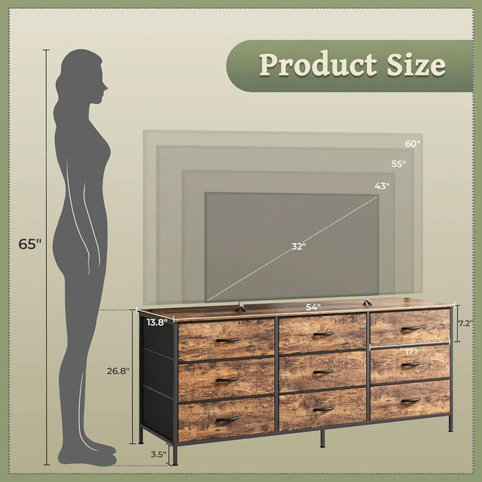 55 Inch Dresser TV Stand With 9 Fabric Drawers Rustic Brown 55 Inch Dresser TV Stand With 9 Fabric Drawers Rustic Brown