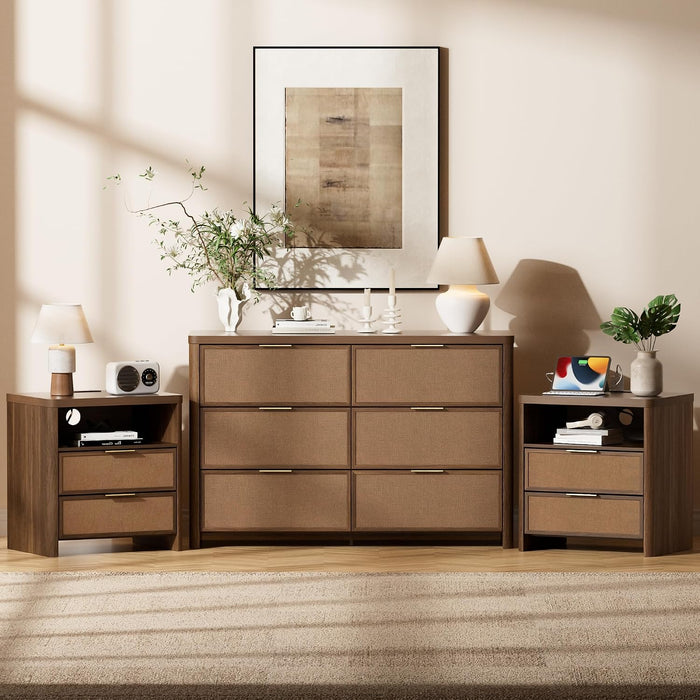 Rattan 6 Drawer Dresser for Bedroom,47.2" Wide,Walnut,Modern Chest of Drawers with 6 Large Storage Space and Curved Edge Design, 6 Drawer Large Dresser for Bedroom