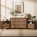 Rattan 6 Drawer Dresser for Bedroom,47.2" Wide,Walnut,Modern Chest of Drawers with 6 Large Storage Space and Curved Edge Design, 6 Drawer Large Dresser for Bedroom