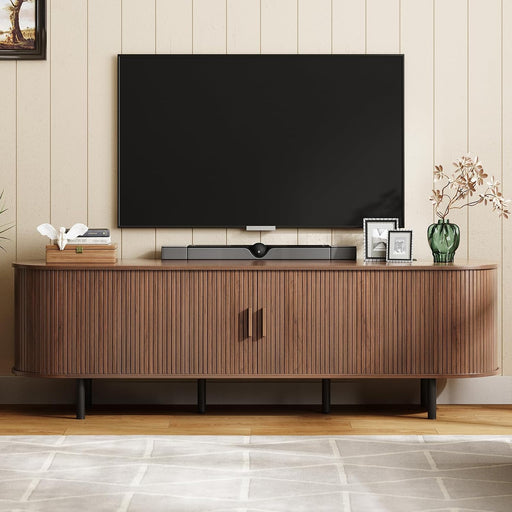70.8" TV Stand with Power Outlet for Tvs up to 75 Inch, Entertainment Center with Storage and Adjustable Shelves, Modern Media Console with Sliding Doors for Living Room, Walnut