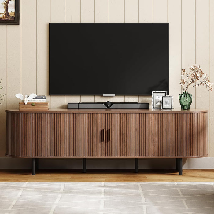70.8" TV Stand with Power Outlet for Tvs up to 75 Inch, Entertainment Center with Storage and Adjustable Shelves, Modern Media Console with Sliding Doors for Living Room, Walnut