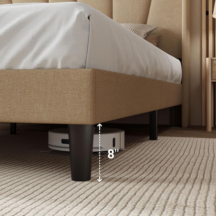 King Size Platform Bed Frame with Geometric Wingback Headboard, Boho Upholstered Bed with Wooden Slats Support, No Box Spring Needed, Easy Assembly, Beige