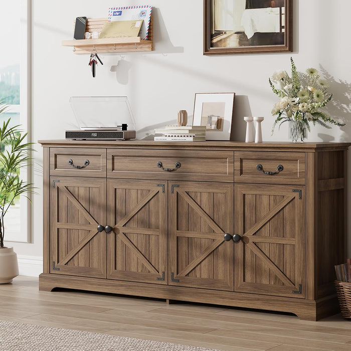 65" Large Sideboard Buffet Storage Cabinet with 3 Drawers and 4 Doors | Farmhouse Kitchen Sideboard Buffet Coffee Bar Wine Bar Cabinet with Storage for Living Room(Walnut)