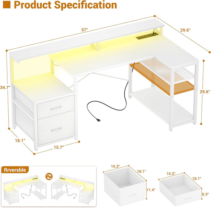 L Shaped Desk with File Drawer, Reversible L Shaped Computer Desk Gaming Desk with Power Outlet & LED Strip, Home Office Desk with Monitor Shelf, Corner Desk with Storage Shelves, White
