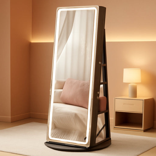 LED Mirror Jewelry Cabinet Standing, Lockable Jewelry Armoire with Full-Length Mirror and Adjustable LED Lights, Space-Saving Jewelry Organizer with Mirror, Gift Idea, Ash Brown UJJC008K02