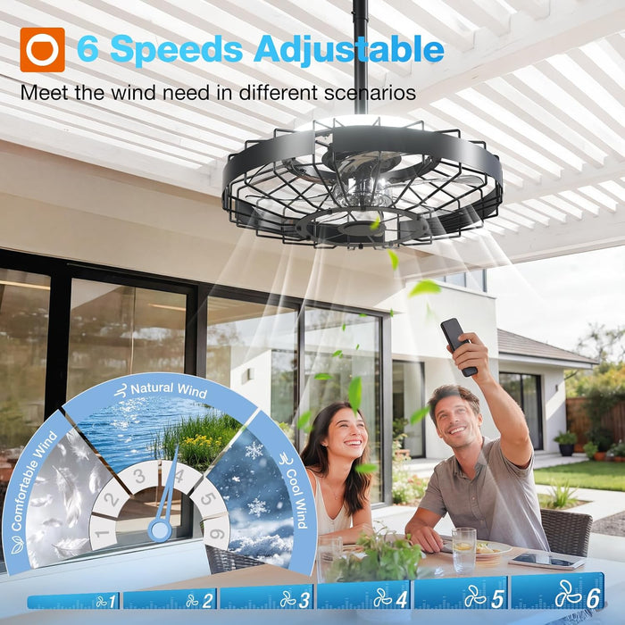 20 Inch Outdoor Ceiling Fan with Light for Patio, IP65 Waterproof Plug in Caged Hanging Fan, Remote Control, 3 CCT, 6 Speeds Reversible Outdoor Fan for Gazebo, Pergola, Porch