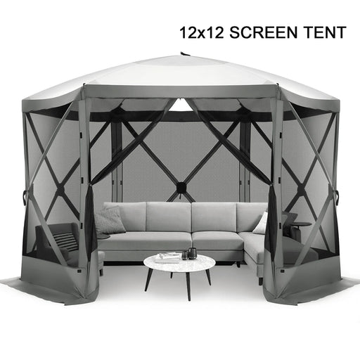 12'X12' Pop-Up Gazebo Outdoor Camping Tent with 6 Sides Mosquito Netting, Waterproof, UV Resistant, Portable Screen House Room, Easy Set-Up Party Tent with Carry Bag, Ground Spike, Gray