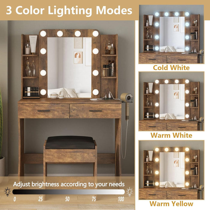Vanity Desk with Lights,Makeup Vanity with Power Strip,Dressing Table Set with 2 Large Drawers,Vanity Mirror 3 Lighting Color Adjustable,Rustic Brown